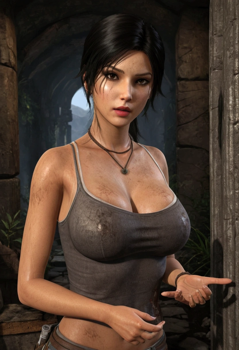 lara croft shadow of tomb rider pose sensual, work of art, best qualityer, high qualiy, High definition, high qualiy texture, high qualiy shadow, high détail, Beautiful detailed, finely detailled, extremely detailed CG, detailed texture, a realista representation of the face, wearing realistic red lipstick, colorfully, dainty, cinematic light, side lighting, Lens flare, ray tracing, sharp focusing, (1 girl, __focusing__:1.3), (complexdetails, make up, pureerosface_v1:0.5), (detailed gorgeous and dainty face, detailed gorgeous and dainty eyes, a perfect face proportion, black hair, highly detailed skin, best proportion four fingers and a thumb, arms under the chest, big round breasts, Broad Hips, smooth belly, skiny and thin, __lo fashion__, __body hair__: 1.3), __Location__, No hands, there are no more hands, no lost fingers, full body wearing brown braless top, belly showing, ripped denim shorts thigh gap, mountaineering boots, full body standing, brown backpack on back.