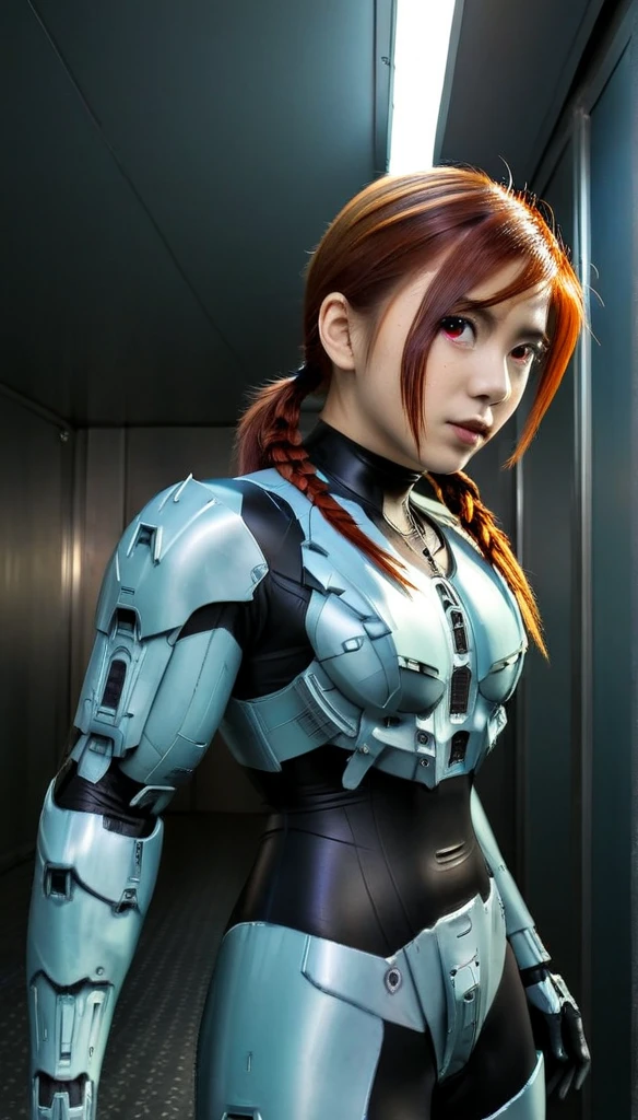 1 Girl、glowing eyes, red eyes, Medium Bust、solo、red Hair、Braid、Mobile Race Suit、Shoulder Armor、ceiling、Wide Shot、Looking Ahead、zipup suit 、Closed Mouth、Highest quality、medium quality、22 years old、Mobile Trace System、cockpit、Asian、CyborgCosplay

