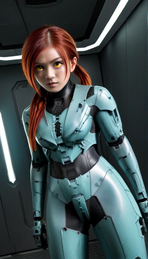 1 Girl、glowing eyes, red eyes, Medium Bust、solo、red Hair、Braid、Mobile Race Suit、Shoulder Armor、ceiling、Wide Shot、Looking Ahead、zipup suit 、Closed Mouth、Highest quality、medium quality、22 years old、Mobile Trace System、cockpit、Asian、CyborgCosplay

