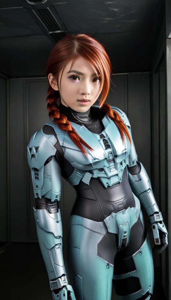 1 Girl、glowing eyes, red eyes, Medium Bust、solo、red Hair、Braid、Mobile Race Suit、Shoulder Armor、ceiling、Wide Shot、Looking Ahead、zipup suit 、Closed Mouth、Highest quality、medium quality、22 years old、Mobile Trace System、cockpit、Asian、CyborgCosplay

