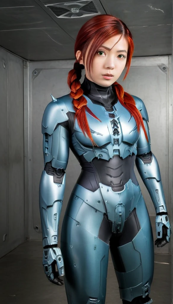 1 Girl、glowing eyes, red eyes, Medium Bust、solo、red Hair、Braid、Mobile Race Suit、Shoulder Armor、ceiling、Wide Shot、Looking Ahead、zipup suit 、Closed Mouth、Highest quality、medium quality、22 years old、Mobile Trace System、cockpit、Asian、CyborgCosplay

