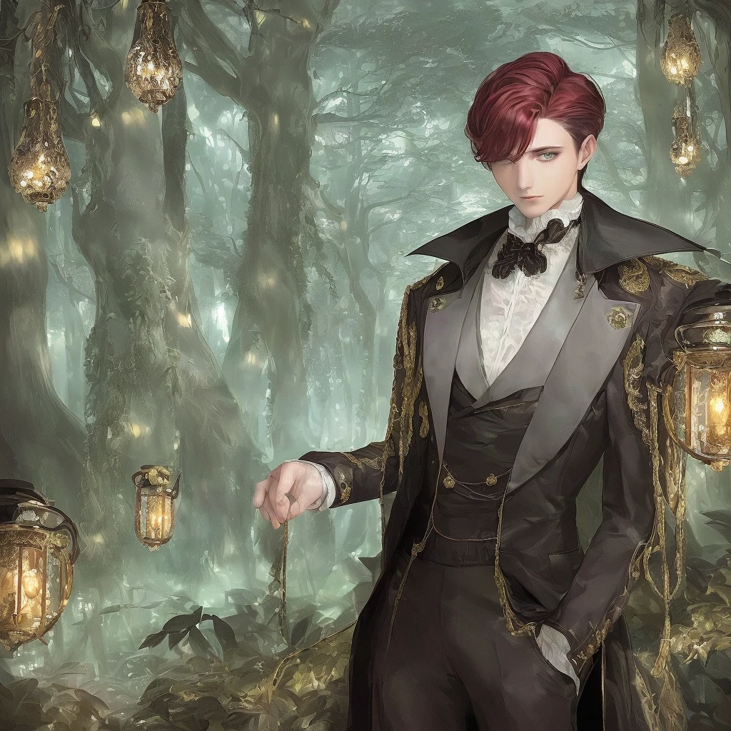 **detailed drawing** **4k ** **sharp**
The image shows a young man with deep red hair, elegant hairstyle. His eyes have heterochromia, with one gold and the other purple, which gives it a mystical and captivating appearance. his skin is dark, with a dark complexion that stands out under the light of the environment.
The young man is dressed in an old costume from the Victorian era, consisting of an elegant cut jacket, a vest and a shirt with a high collar. The details of the suit, like buttons and embroidery, They are intricate and reflect the fashion of the time.
The background of the illustration is an enchanted forest, full of tall and leafy trees. The forest atmosphere is magical, with small lights in the form of aqua green crystals floating around the young man. These lights add a touch of mystery and fantasy to the scene.
The forest is bathed in a dim light, possibly from the moon, that creates shadows and highlights the details of the environment. The combination of the young man's Victorian clothing and the magical atmosphere of the forest creates a scene that seems straight out of a fairy tale.