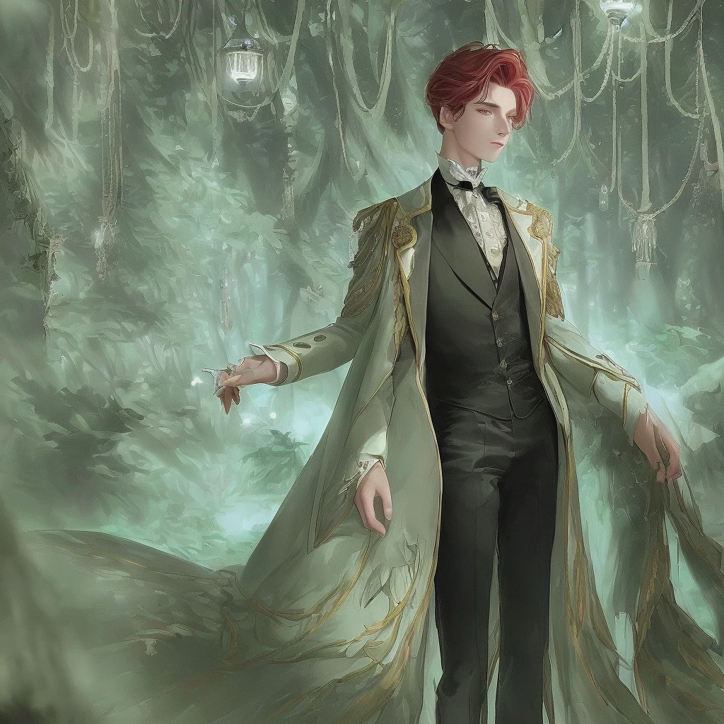 **detailed drawing** **4k ** **sharp**
The image shows a young man with deep red hair, elegant hairstyle. His eyes have heterochromia, with one gold and the other purple, which gives it a mystical and captivating appearance. his skin is dark, with a dark complexion that stands out under the light of the environment.
The young man is dressed in an old costume from the Victorian era, consisting of an elegant cut jacket, a vest and a shirt with a high collar. The details of the suit, like buttons and embroidery, They are intricate and reflect the fashion of the time.
The background of the illustration is an enchanted forest, full of tall and leafy trees. The forest atmosphere is magical, with small lights in the form of aqua green crystals floating around the young man. These lights add a touch of mystery and fantasy to the scene.
The forest is bathed in a dim light, possibly from the moon, that creates shadows and highlights the details of the environment. The combination of the young man's Victorian clothing and the magical atmosphere of the forest creates a scene that seems straight out of a fairy tale.