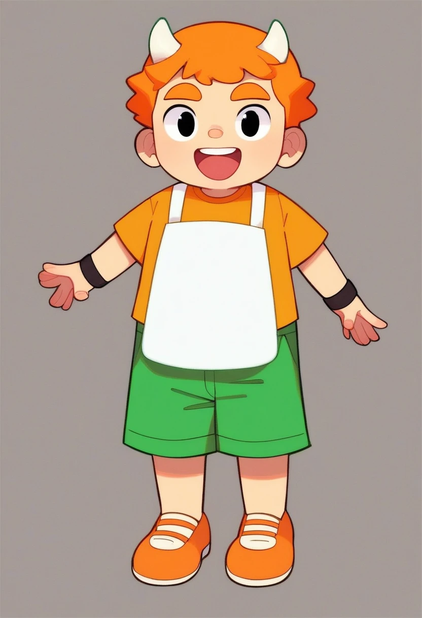 Joseph, junior, solo, looking at viewer, smile, short hair, open mouth, simple background, shirt, 1boy, standing, full body, short sleeves, black eyes, orange eyebrows, small clump of orange hair, fully white horns, orange t-shirt, white bib that reads 'JR', green shorts, black wristbands, orange shoes with yellow soles.