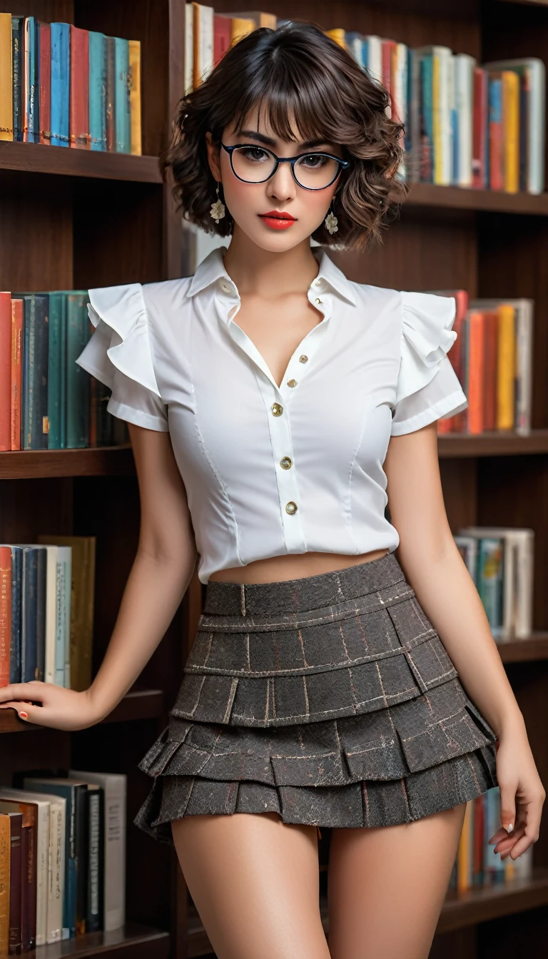 (((beautiful beautiful Isabela Merced, posing for uploadss, looking sexy, ruffled lips, Cabelo curto e curly, extremely pretty eyes))), ((wearing floral silver necklace)), realistic uploadsgraph, highy detailed, Foco do pointed, (Main lighting), (indoor bookstore environment), artwork, extremely pretty, Perfect beauty, (perfect shape body, Broad Hips, small waist, thick-thighs, firm abs, Body cute, knees, knees, focus on the knees, breasts small), cabelo curto com franja, short hair with bangs covering the forehead, cabelo curto com franja ((((short hair with bangs covering the forehead)))), ((30 years old)), (extremely detaild 8k wallpaper), ((face detailed)), (((wearing  white shirt, saia curta de tweed, knees, knees, stitched nylons, Strad sandals)), (long dark eyelashes), (((earrings))), ((())), (((seen from behind))), (looking at the camera), ((())), (glamor model), (seductive facial expression) (((standing between high shelves full of books))), extremely detaild, artwork, Intricate details, highy detailed, Foco do pointed, skin detailed, realistic skin texture, texture, detailedeyes, high resolution, kodak vision color, uploads_\(ultra\), Post-processing, maximum detail, roughness, real-life, ultra realistic, uploadsrealism, uploadsgraphy, absurderes, RAW uploads, highest quallity, high detail RAW color uploads, professional uploads, extremely detaild UHD 8k wallpaper unit, best quality, high resolution, (artwork, maximum quality, high resolution:1.4), uploads, cinematic, film grain, pointed, soft natural light, magic uploadsgraphy, super verbose, ((whole body: legs 1.3)), librarian glasses, nerd glasses, ((pleated miniskirt: miniskirt 1.3)), unbuttoned blouse with cleavage