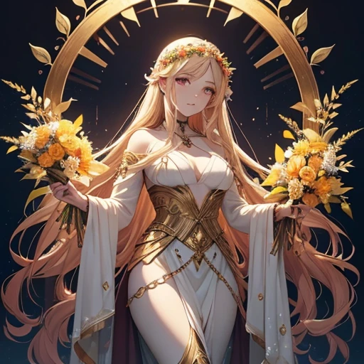Persephone, in Greek-Roman mythology, is often described as a young, beautiful and graceful goddess. Her youthful beauty is compared to that of her mother, Demeter. She is depicted with long, wavy hair, which can be golden like wheat or dark like fertile earth, often left loose or adorned with flowers and garlands. Their clothing is long, flowing tunics, in light, vibrant colors symbolizing spring and life, or in darker tones, representing their association with the underworld. Persephone is seen with wreaths of flowers, especially daffodils, and may carry a torch, symbolic of her search for light in the underworld, or a cornucopia, representing abundance and harvest. Her expression varies between serene and graceful in spring and more austere and mysterious as queen of the underworld. In addition to daffodils, it is associated with other flowers and plants symbolizing rebirth and renewal, reflecting its role in the changing of the seasons.