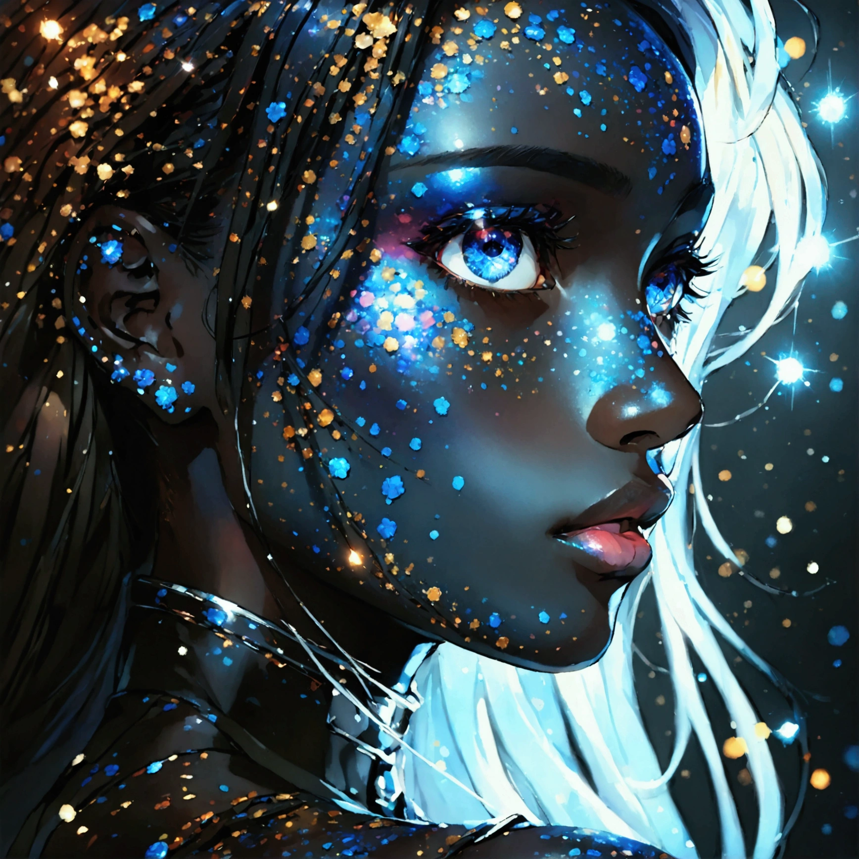 PORTRAIT, a battle angel portrait, beautiful black skin with sparkles and glitter, long long hair, shiny and lightening eyes detailed skin, image is compelling with dynamic composition and energetic posing. Include many fantasy details such as bumps, phantasmal iridescence, glitter, galaxy, cosmos, ((dark celestialskin body, void cosmic body)), (((dark background))), (((lights off))), (((hollywood dark))), horror, dramatic shadows, (in a dark fantasy space:1.3, glitter, sparkle, gleam) vector digital illustration, (black background:1.5)sharp