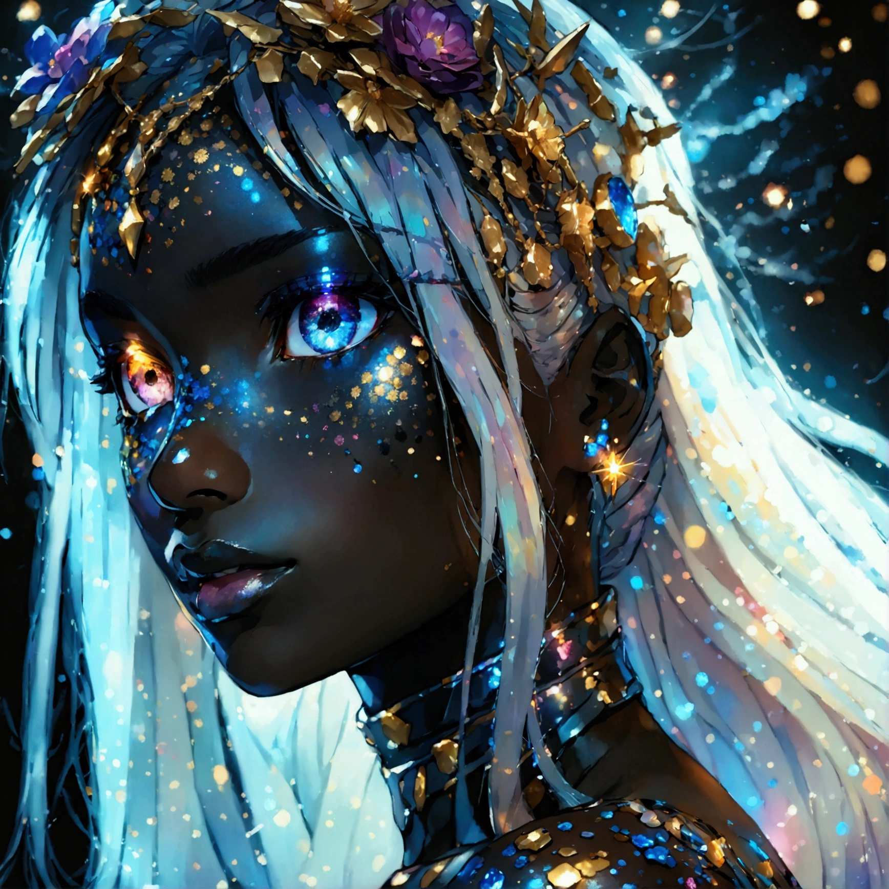 PORTRAIT, a battle angel portrait, beautiful black skin with sparkles and glitter, long long hair, shiny and lightening eyes detailed skin, image is compelling with dynamic composition and energetic posing. Include many fantasy details such as bumps, phantasmal iridescence, glitter, galaxy, cosmos, ((dark celestialskin body, void cosmic body)), (((dark background))), (((lights off))), (((hollywood dark))), horror, dramatic shadows, (in a dark fantasy space:1.3, glitter, sparkle, gleam) vector digital illustration, (black background:1.5)sharp