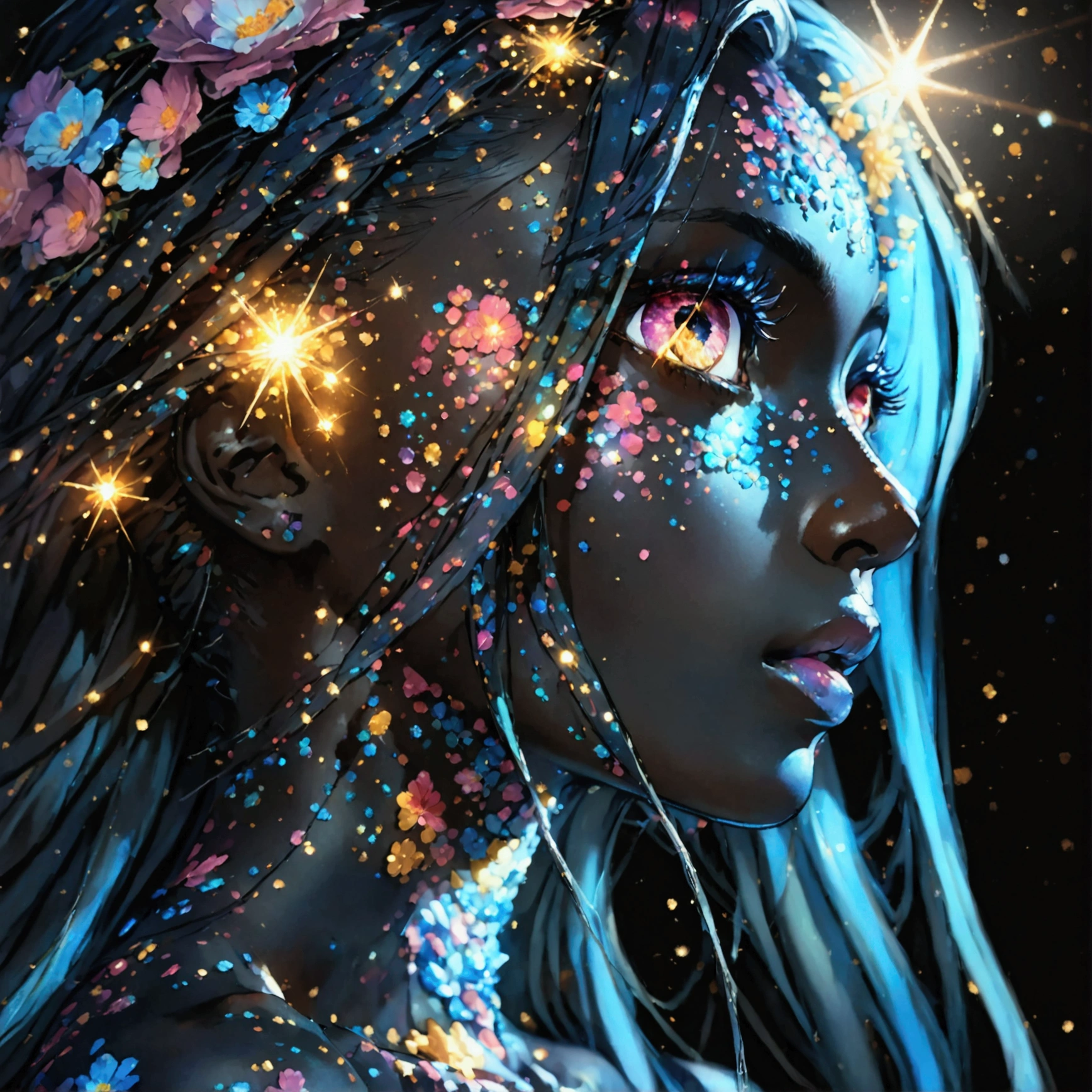 PORTRAIT, a battle angel portrait, beautiful black skin with sparkles and glitter, long long hair, shiny and lightening eyes detailed skin, image is compelling with dynamic composition and energetic posing. Include many fantasy details such as bumps, phantasmal iridescence, glitter, galaxy, cosmos, ((dark celestialskin body, void cosmic body)), (((dark background))), (((lights off))), (((hollywood dark))), horror, dramatic shadows, (in a dark fantasy space:1.3, glitter, sparkle, gleam) vector digital illustration, (black background:1.5)sharp