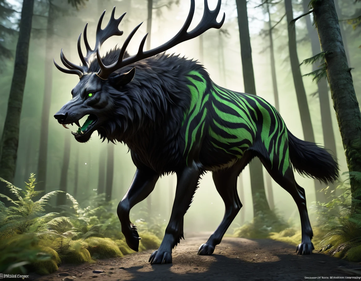 full body portrait of realistic big black beast, feral, side view, trotting motion, long legs, four legged, wolf tiger deer bear hybrid skull face, twisted horns, twisted antlers, bear, tiger, wolf, wendigo, deer, hybrid body with beryl green eyes, beryl green smoke from mouth, dark mysterious forest scenery, full body, cinematic, render, 8k, unreal engine, realistic, masterpiece, high detail, full body, low life, extremely intricate, extreme detail, volumetric lighting