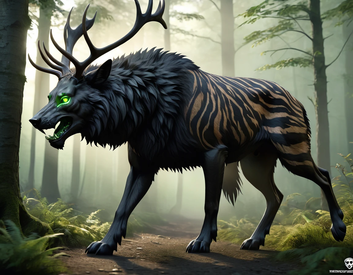 full body portrait of realistic big black beast, feral, side view, trotting motion, long legs, four legged, wolf tiger deer bear hybrid skull face, twisted horns, twisted antlers, bear, tiger, wolf, wendigo, deer, hybrid body with beryl green eyes, beryl green smoke from mouth, dark mysterious forest scenery, full body, cinematic, render, 8k, unreal engine, realistic, masterpiece, high detail, full body, low life, extremely intricate, extreme detail, volumetric lighting