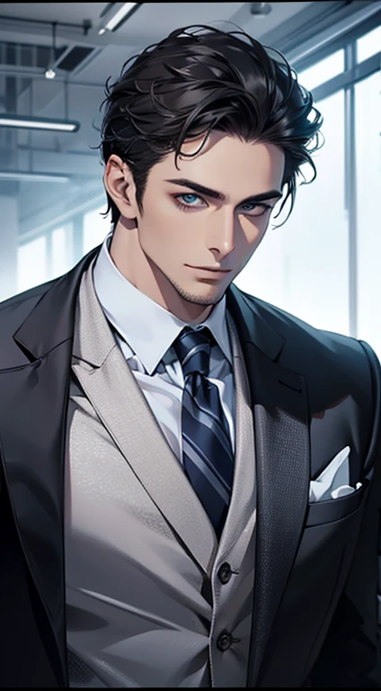 (best quality,4k,8k,highres,masterpiece:1.2),ultra-detailed,(realistic,photorealistic,photo-realistic:1.37),1 man,31 years old,mature man,very handsome,without expression,smile,short grey black hair,blue eyes,penetrating gaze,perfect face without errors,imposing posture,businessman,office background,cinematic lighting,hdr image