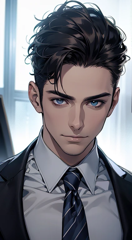 (best quality,4k,8k,highres,masterpiece:1.2),ultra-detailed,(realistic,photorealistic,photo-realistic:1.37),1 man,31 years old,mature man,very handsome,without expression,smile,short grey black hair,blue eyes,penetrating gaze,perfect face without errors,imposing posture,businessman,office background,cinematic lighting,hdr image