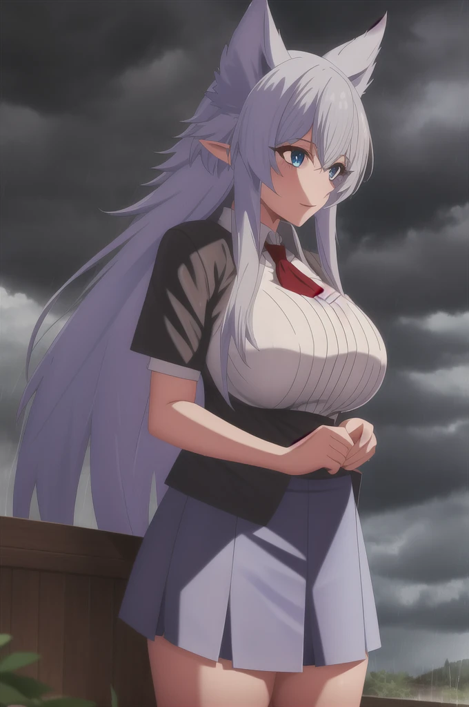 sysdeep_fenrys, 1girl, solo, long_hair, large_breasts, blue_eyes, white_hair, pointy_ears, into_the_sky, rain, storm, wet_clothes, skirt, top, spell, magical_circle, casting, thunder, lightning, wet_clothes, wet_hair