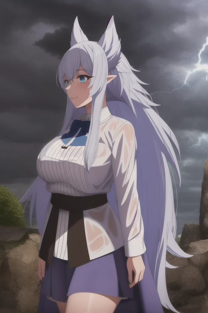 sysdeep_fenrys, 1girl, solo, long_hair, large_breasts, blue_eyes, white_hair, pointy_ears, into_the_sky, rain, storm, wet_clothes, skirt, top, spell, magical_circle, casting, thunder, lightning, wet_clothes, wet_hair