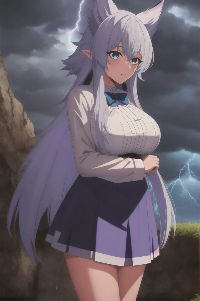 sysdeep_fenrys, 1girl, solo, long_hair, large_breasts, blue_eyes, white_hair, pointy_ears, into_the_sky, rain, storm, wet_clothes, skirt, top, spell, magical_circle, casting, thunder, lightning, wet_clothes, wet_hair