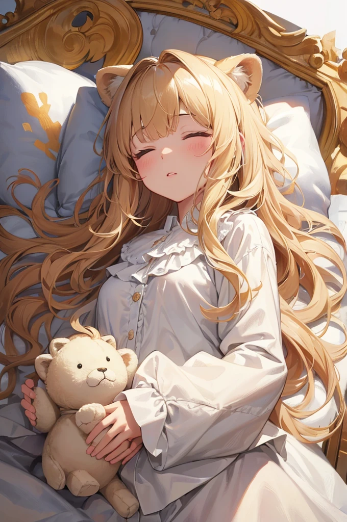 White Background, masterpiece, Highest quality, Very detailed, figure, White Background,  Lion stuffed animal pillow,  close your eyes, cute, girl, alone, From above, Beige Hair, Long Hair, Wavy Hair, Blunt bangs, blouse, Wearing pajamas, 