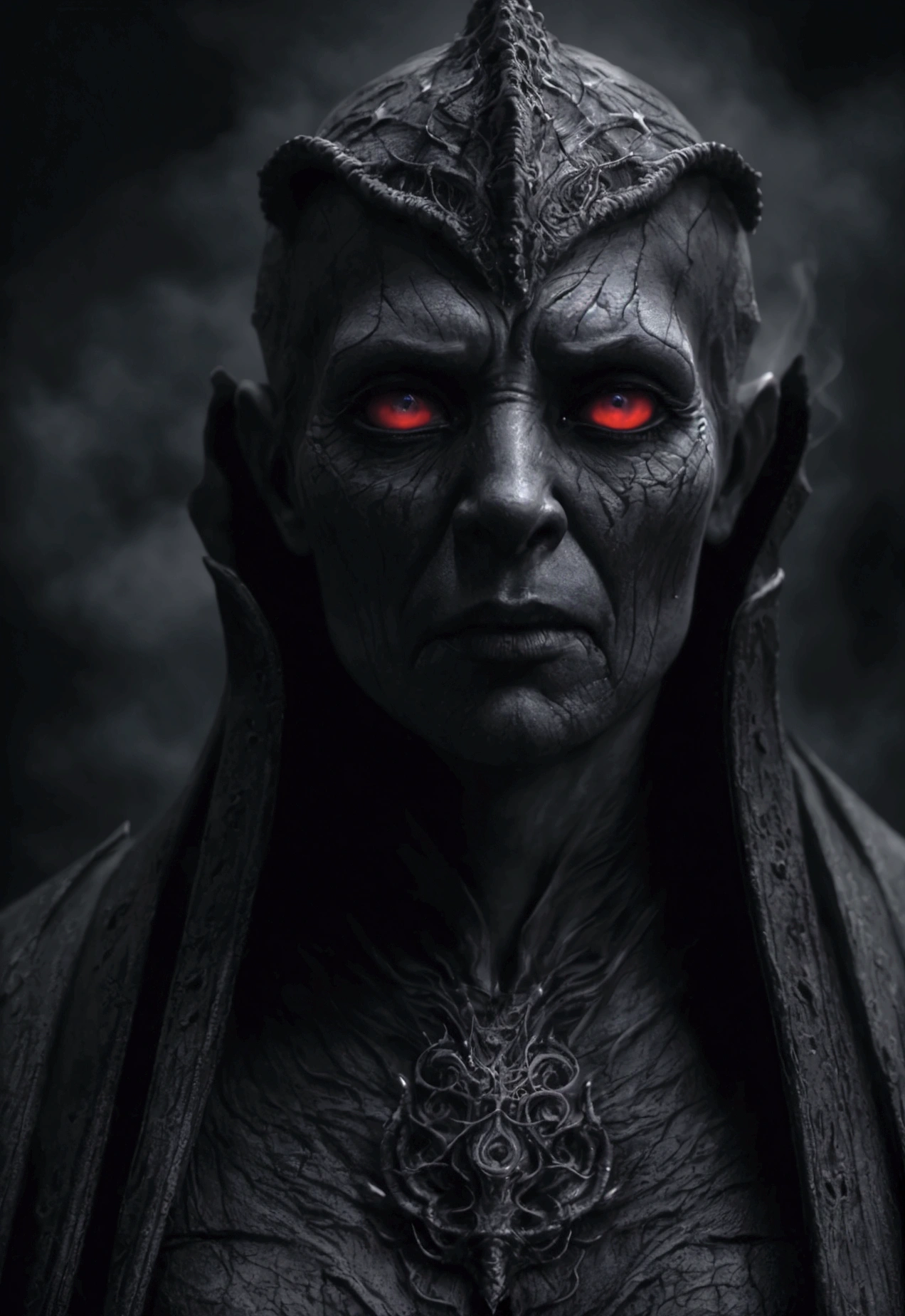 a mysterious otherworldly creature, terrifying atmosphere, fire, smoke, hyper-realism, (best quality,4k,8k,highres,masterpiece:1.2),ultra-detailed,(realistic,photorealistic,photo-realistic:1.37),intricate details, dramatic lighting, dark fantasy, moody, dramatic composition, cinematic, muted colors, dramatic shadows, highly detailed face and eyes, sharp focus