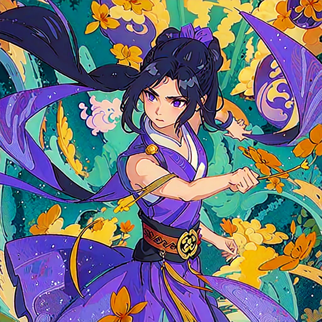 ( Best Quality, ancient china, A girl, long green chinese dress), long hair tied in two tomatoes, black hair, purple eyes, with a white ribbon on her head
