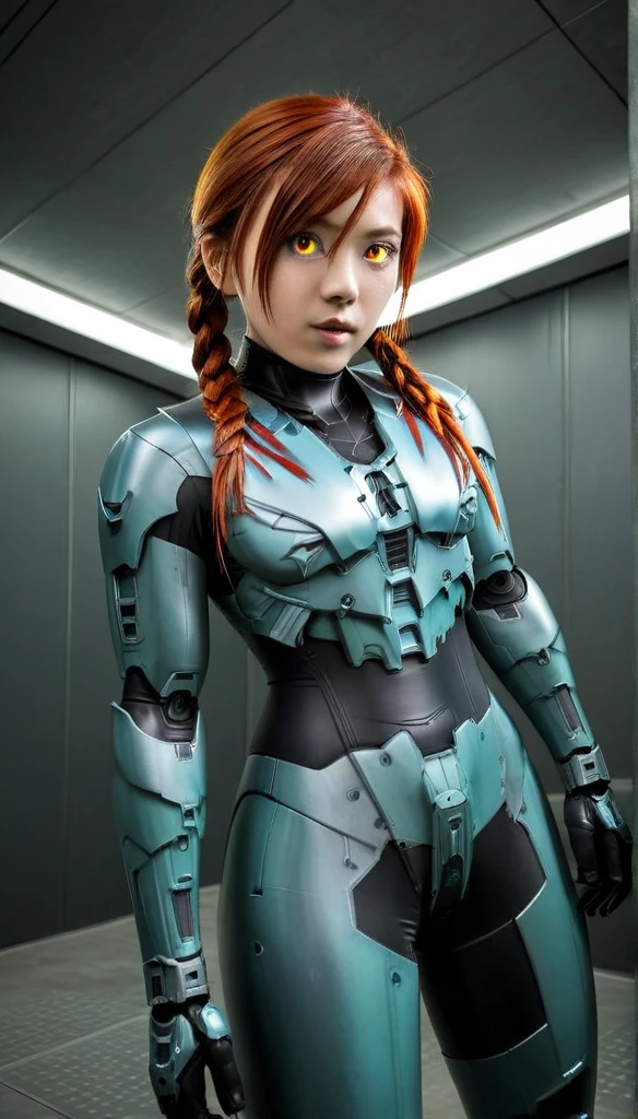 1 Girl、((glowing eyes, red eyes)), Medium Bust、solo、red Hair、Braid、Mobile Race Suit、Shoulder Armor、ceiling、Wide Shot、Looking Ahead、zipup suit 、Closed Mouth、Highest quality、medium quality、22 years old、Mobile Trace System、cockpit、Asian、CyborgCosplay

