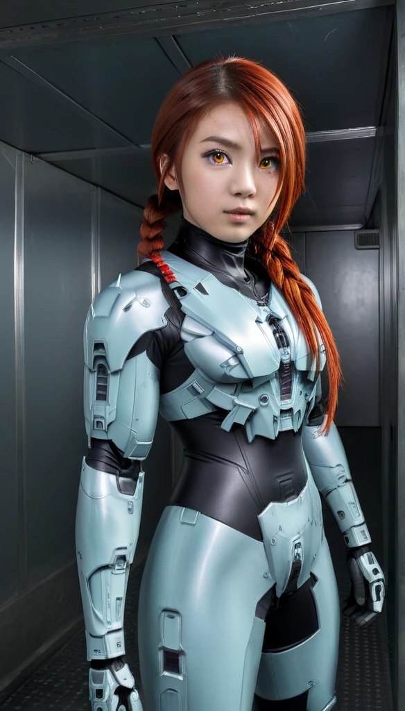 1 Girl、((glowing eyes, red eyes)), Medium Bust、solo、red Hair、Braid、Mobile Race Suit、Shoulder Armor、ceiling、Wide Shot、Looking Ahead、zipup suit 、Closed Mouth、Highest quality、medium quality、22 years old、Mobile Trace System、cockpit、Asian、CyborgCosplay

