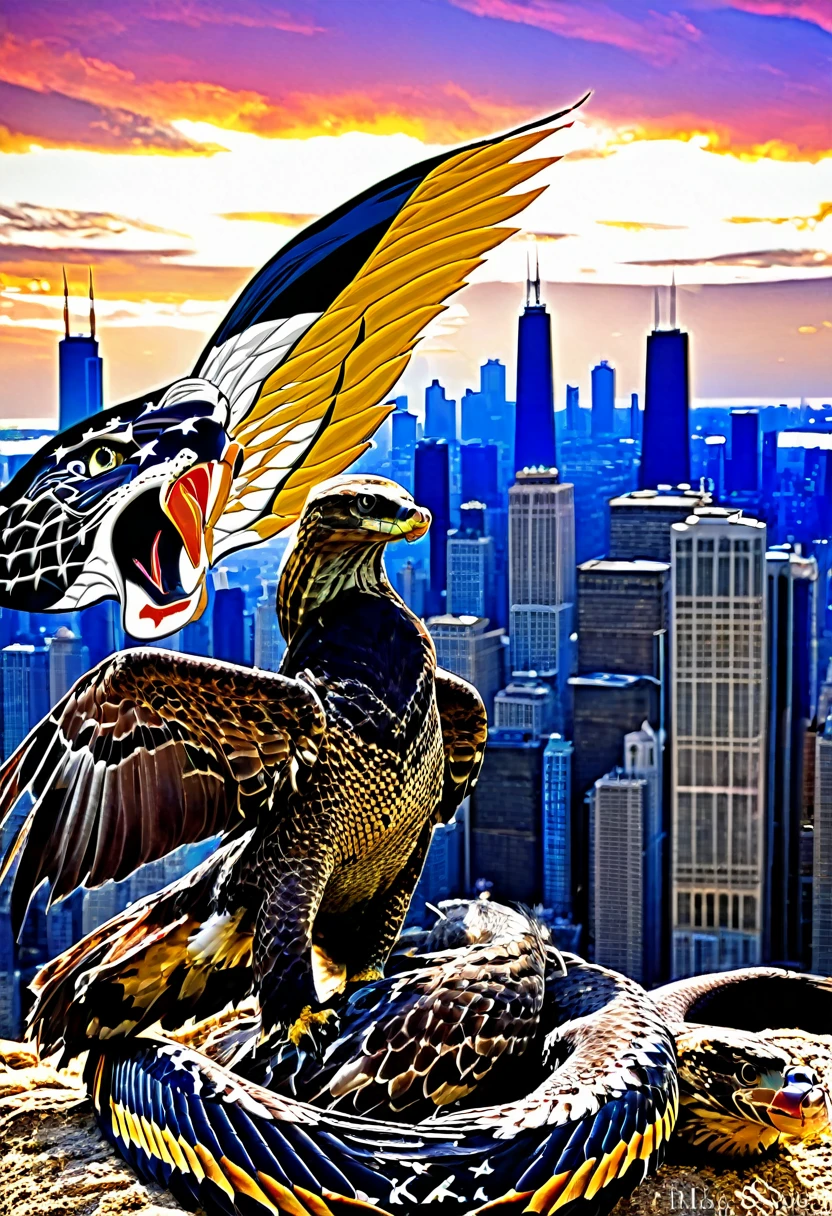 A LION POSING WITH A EAGLE ON ITS LEFT SHOULDER AND A KING COBRA SNAKE WRAPPED AROUND ITS LRIGHT PAW STRIKING TOWARDS THE PICTURE WITH THE CHICAGO SKYLINE IN THE BACKGROUND. RED AND BLACK COLORED BACK GROUND. HD. FLAG EMBLEM