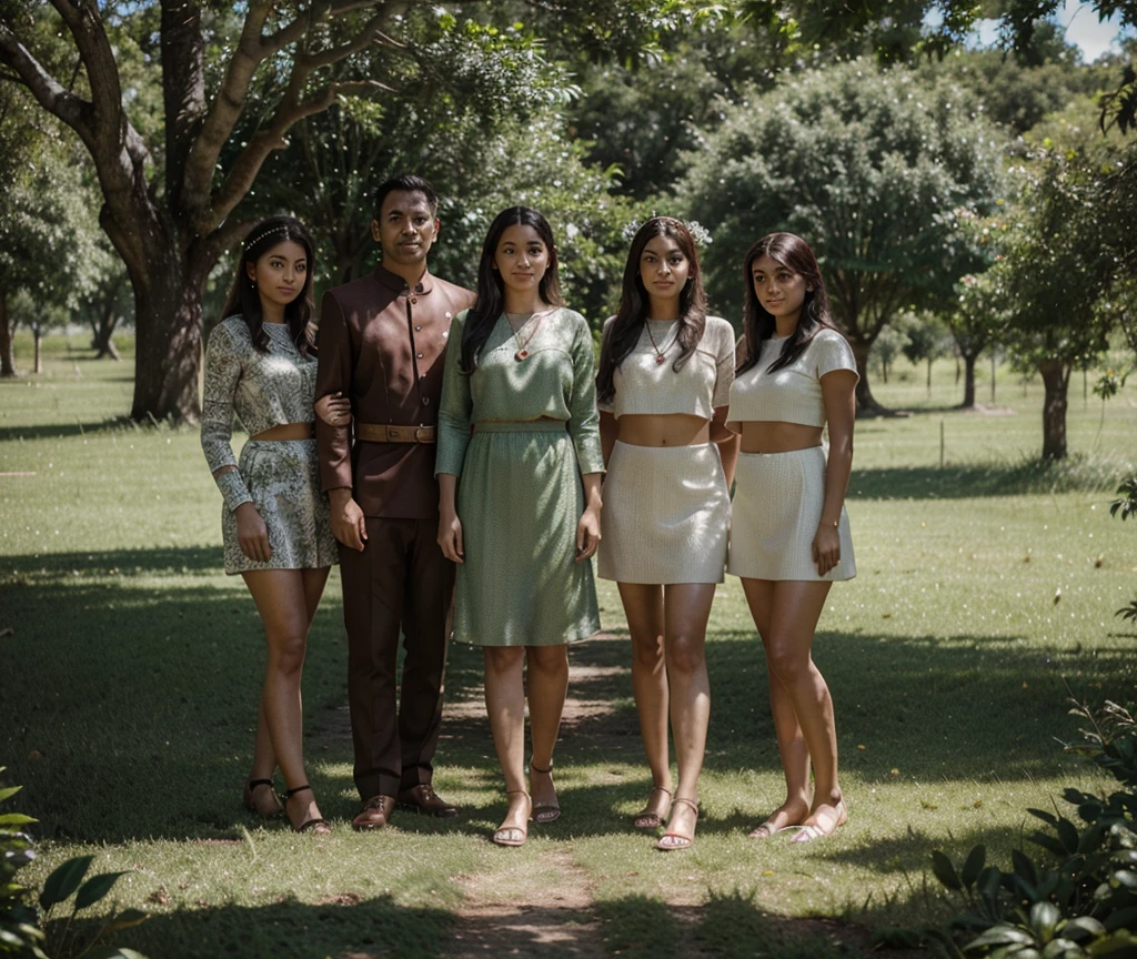 Aqui está a descrição técnica da imagem seguindo o padrão estabelecido:

[. 1 family((full body group, serious)), Photo, best quality, ultra-detailed, Group, outdoors, (day), forest, nature, (trees, plants) calm, neutral, Traditional clothing, beads, face paint, headpiece, sandals, has, , greenery, ground, leaves, shadows, contrast, clear sky,
realistic style (looking at camera:1.2) (skin texture)
(Film grain:1.3), (natural tone, natural tone) ]