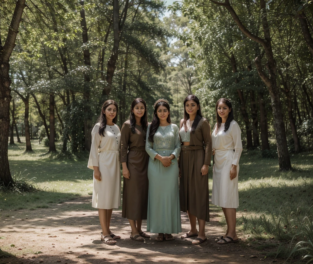 Aqui está a descrição técnica da imagem seguindo o padrão estabelecido:

[. 1 family((full body group, serious)), Photo, best quality, ultra-detailed, Group, outdoors, (day), forest, nature, (trees, plants) calm, neutral, Traditional clothing, beads, face paint, headpiece, sandals, has, , greenery, ground, leaves, shadows, contrast, clear sky,
realistic style (looking at camera:1.2) (skin texture)
(Film grain:1.3), (natural tone, natural tone) ]