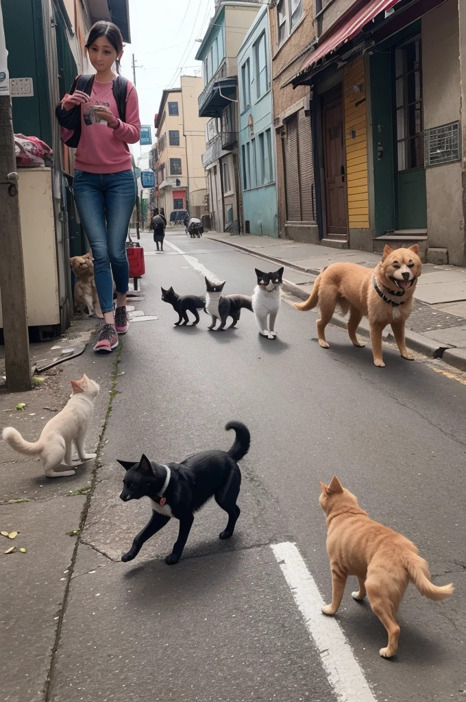 A dog crossing with a cat and its children