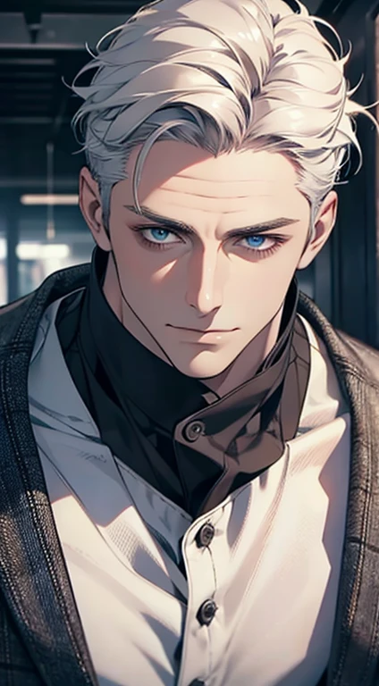 (best quality,4k,8k,highres,masterpiece:1.2),ultra-detailed,(realistic,photorealistic,photo-realistic:1.37),1 man,31 years old,mature man,very handsome,without expression,smile,short grey white hair,blue eyes,penetrating gaze,perfect face without errors,imposing posture,businessman,office background,cinematic lighting,hdr image