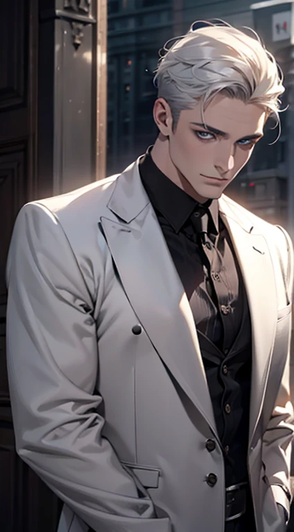 (best quality,4k,8k,highres,masterpiece:1.2),ultra-detailed,(realistic,photorealistic,photo-realistic:1.37),1 man,31 years old,mature man,very handsome,without expression,smile,short grey white hair,blue eyes,penetrating gaze,perfect face without errors,imposing posture,businessman,office background,cinematic lighting,hdr image