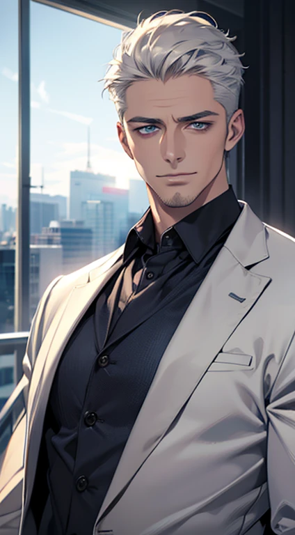 (best quality,4k,8k,highres,masterpiece:1.2),ultra-detailed,(realistic,photorealistic,photo-realistic:1.37),1 man,31 years old,mature man,very handsome,without expression,smile,short grey white hair,blue eyes,penetrating gaze,perfect face without errors,imposing posture,businessman,office background,cinematic lighting,hdr image