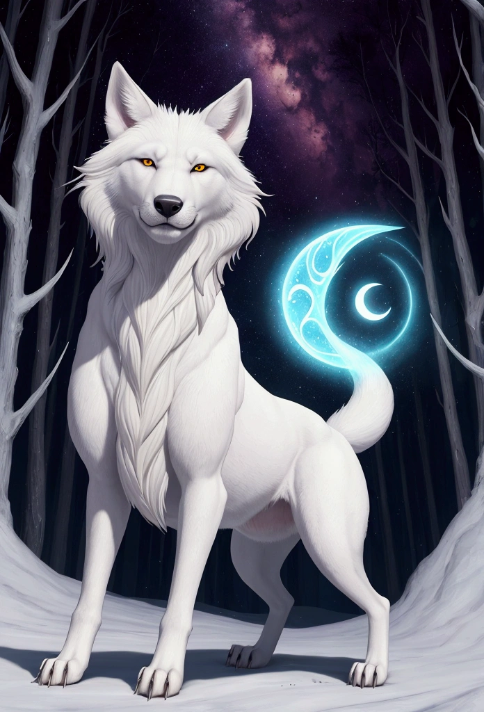 Title: Cŵn Annwn of Welsh Mythology Description: Draw a Cŵn Annwn, a spectral dog from Welsh mythology. This mythical being should convey a supernatural and mysterious aura. Here are the specific details: Body: The Cŵn Annwn is a large dog, the size of a wolf, with a well-defined yet slender musculature. Its fur is white as snow, reflecting the light around it, almost glowing in an ethereal tone. Fur: The fur is long and thick, especially around the neck where it forms a kind of mane, and the tail, which should be voluminous and seem almost alive. The fur should appear a bit wild and disheveled. Eyes: The eyes of the Cŵn Annwn are one of its most distinctive features. They should be a bright red, shining intensely against the light background of the fur. The eyes should convey intelligence, ferocity, and a touch of sadness. Snout and Teeth: The snout is long and narrow, with large, sensitive nostrils. The teeth are sharp and slightly visible even when the mouth is closed, suggesting the threat of a predator. When the mouth is open, it should reveal long and frightening fangs. Ears: The ears are pointed and always erect, alert to any sound. They should be a vivid red, contrasting strongly with the white fur. Paws: The paws are large and strong, adapted for running long distances and hunting. The claws should be visible, sharp, and slightly elongated. Environment: The Cŵn Annwn should be in a setting that reinforces its spectral nature. It could be a dark, misty forest or an open field under a starry sky with a bright full moon shining in the background. The environment should feel mysterious and ethereal. Supernatural Aura: Add a slight glow or aura around the Cŵn Annwn to highlight its supernatural nature. The aura can be a soft blue or green hue, just enough to suggest that this being does not belong to the world of the living.
