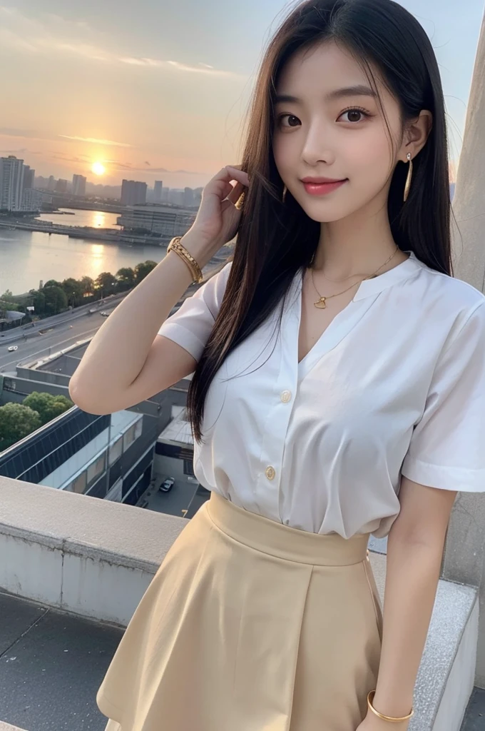 Rooftop of university building, 4th year university student, ((full body)), ((photo)), ((best qualtiy, 8K, tmasterpiece:1.3)), Focus:1.2, perfect figure beautiful girl:1.4, 1girl, cowboy shot, look at viewer, eyes facing the camera, incredibly absurd, beautiful and cute girl with a photorealistic face, showcasing top-quality craftsmanship, A Japanese girl watching the sunset on the roof of a university building, 19 years old, long, straight, silky black hair, fair skin, big eyes, thin eyebrows, double eyelids, long eyelashes, pink lips, smile, devilish smile, gorgeous features, well-defined facial features, beautiful face line, mysterious beauty, slender, tall, well-balanced proportions, large E-cup breasts, white shirt, tight black skirt, beige pumps, gold necklace and bracelet, small earrings, elegant ring, pretty girl, beauty, devilish type, pretty older sister, passionate about art, sociable, friendly, positive, has leadership skills, is proactive, is flexible, gets things done efficiently, works hard towards dreams and goals, March