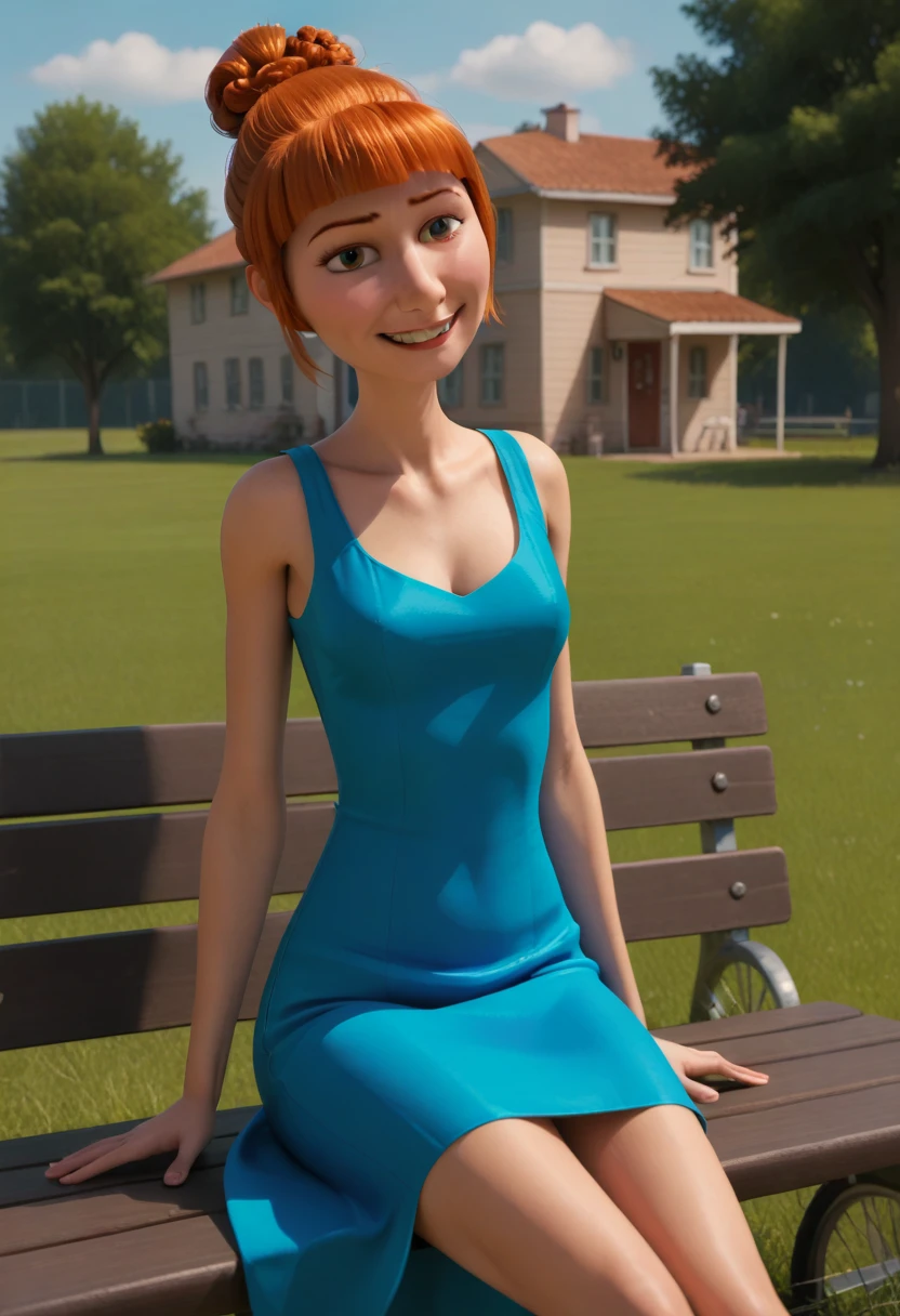 score_9, solo, 3d, lucyw, orange hair, single hair bun, dress, single hair bun, outdoors, seductive smile. looking on viewer, sitting on coach