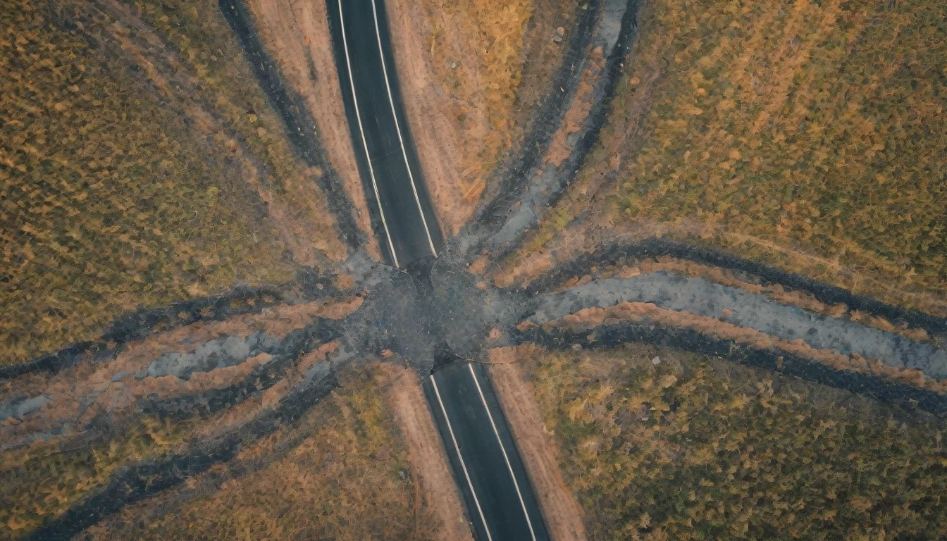 A road at dawn seen from above with a few broken glasses in the middle of it