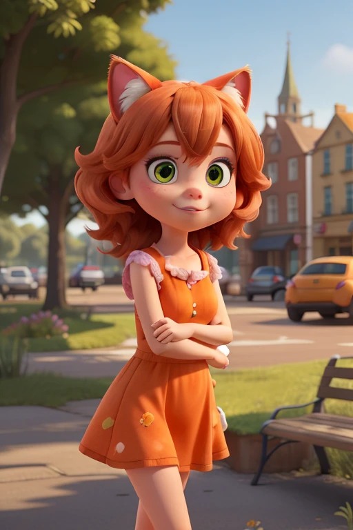 a girl who is half cat and half human,orange hair and eyes,orange dress,skin fair,cat ears in hair,,Perfect lighting,Disney style and a little cartoon,urban location,city with cars in the background and on the left a place with grass,flowers,a bench and a tree