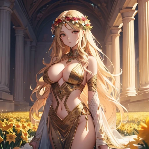 (Alone:1.5),(girl1),Persephone, in Greek-Roman mythology, is often described as a young, beautiful and graceful goddess. Her youthful beauty is compared to that of her mother, Demeter. She is depicted with long, wavy hair, which can be golden like wheat or dark like fertile earth, often left loose or adorned with flowers and garlands. Their clothing is long, flowing tunics, in light, vibrant colors symbolizing spring and life, or in darker tones, representing their association with the underworld. Persephone is seen with wreaths of flowers, especially daffodils, and may carry a torch, symbolic of her search for light in the underworld, or a cornucopia, representing abundance and harvest. Her expression varies between serene and graceful in spring and more austere and mysterious as queen of the underworld. In addition to daffodils, it is associated with other flowers and plants symbolizing rebirth and renewal, reflecting its role in the changing of the seasons.(Hyper large breasts:1.5)