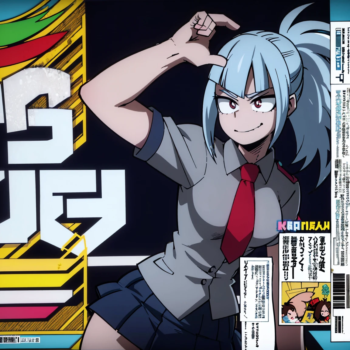 1girl, solo, fair skin, smile, big chest, long ponytail hair, blue hair, dark blue streaked hair, multicolored hair, two-tone hair, pink eyes, blue eyeshadow, ((perfect detailed ???????, beautiful eyes, beautiful detailed face, perfect detailed body, shiny skin)), ((masterpiece, absurdres, best quality, high resolution, finely detail, megami magazine:1.2, 8k, sharp, realistic)), gray jacket, red tie, white shirt, teal skirt, u.a, UA uniform, Kohei Horikoshi, My Hero Academia, Hiori Light Art, Backlight, SketchStyle