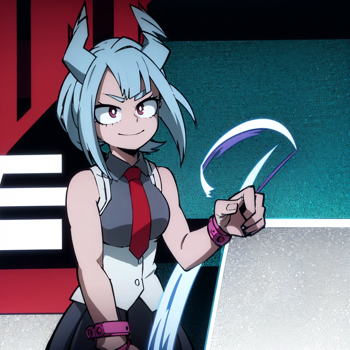 1girl, solo, fair skin, smile, big chest, long ponytail hair, blue hair, dark blue streaked hair, multicolored hair, two-tone hair, pink eyes, blue eyeshadow, ((perfect detailed anatomy, beautiful eyes, beautiful detailed face, perfect detailed body, shiny skin)), ((masterpiece, absurdres, best quality, high resolution, finely detail, megami magazine:1.2, 8k, sharp, realistic)), gray jacket, red tie, white shirt, teal skirt, u.a, UA uniform, Kohei Horikoshi, My Hero Academia, Hiori Light Art, Backlight, SketchStyle