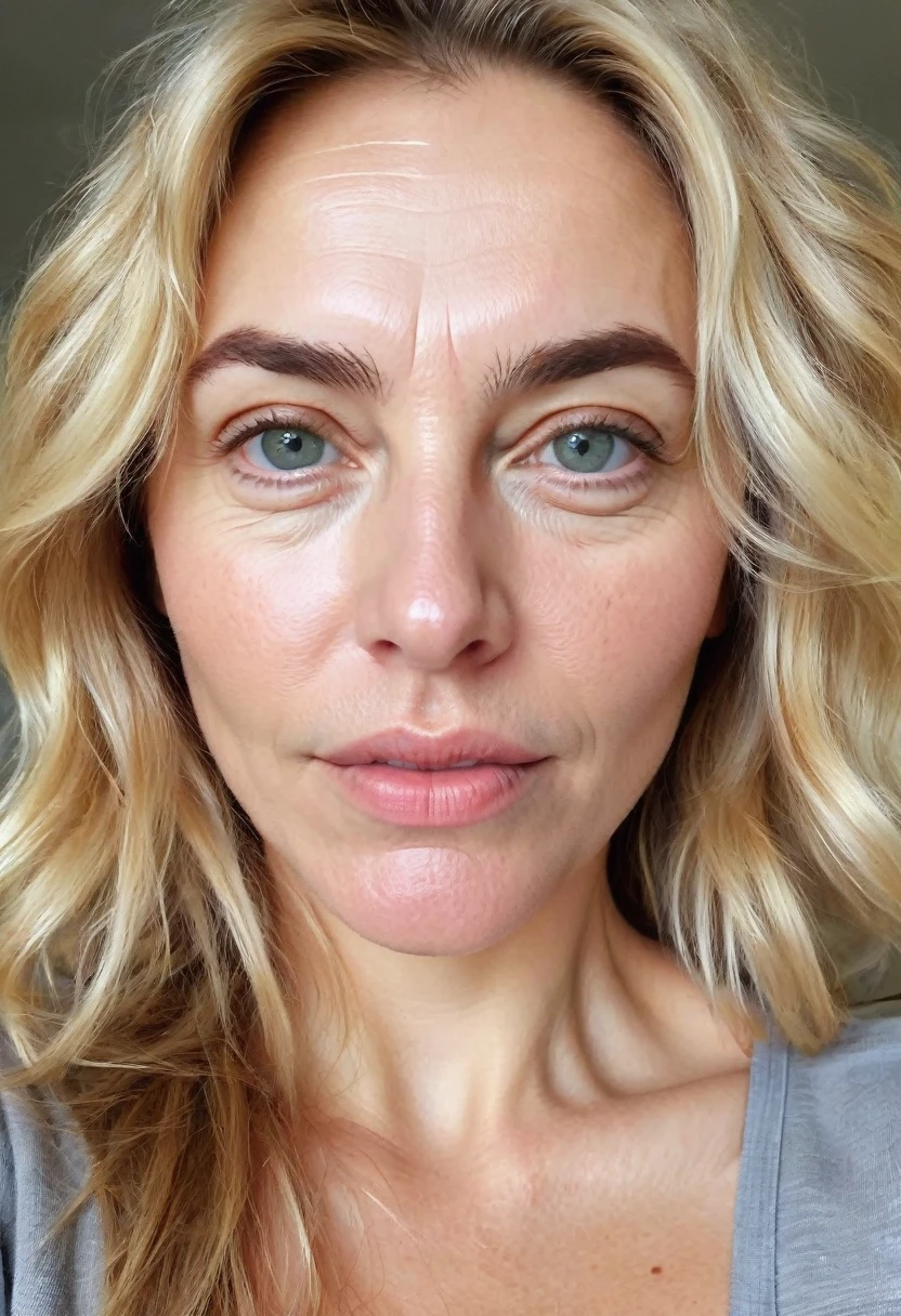 woman 40 years old, messy blonde hair, with open pores, wrinkles, natural eyes, big face and full lips, bushy eyebrows, is looking straight at the camera, with a welcoming look, , homemade looking photo, no effects and shine, must look like a real person, cell phone selfie photo, must have background image, whether the fourth,