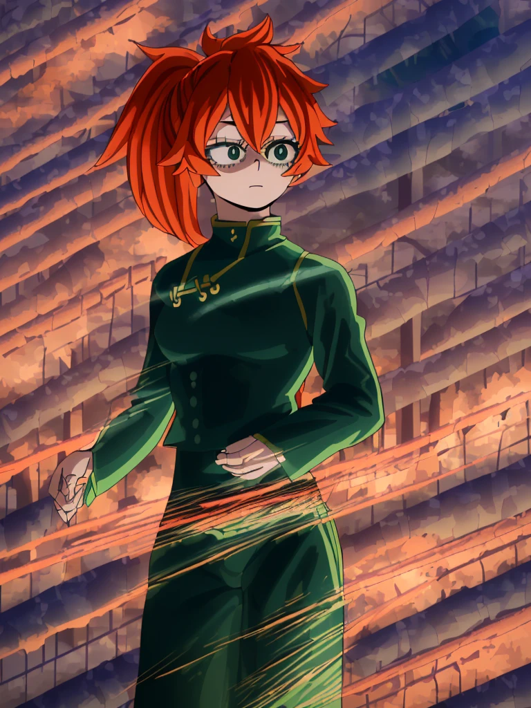 itsukakendo, itsuka kendo, long hair, (green eyes:1.3), ponytail, orange hair,
chinese clothes, long sleeves, wide sleeves,
outdoors,
looking at viewer, (cowboy shot:1.5),
(masterpiece:1.2), best quality, high resolution, unity 8k wallpaper, (illustration:0.8), (beautiful detailed eyes:1.6), extremely detailed face, perfect lighting, extremely detailed CG, (perfect hands, perfect anatomy),