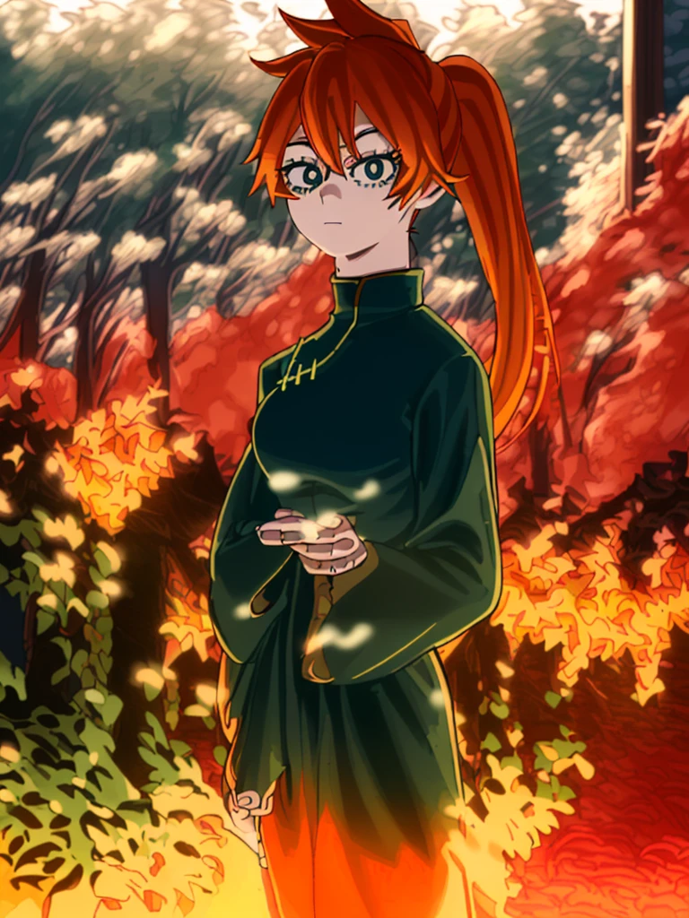 itsukakendo, itsuka kendo, long hair, (green eyes:1.3), ponytail, orange hair,
chinese clothes, long sleeves, wide sleeves,
outdoors,
looking at viewer, (cowboy shot:1.5),
(masterpiece:1.2), best quality, high resolution, unity 8k wallpaper, (illustration:0.8), (beautiful detailed eyes:1.6), extremely detailed face, perfect lighting, extremely detailed CG, (perfect hands, perfect anatomy),