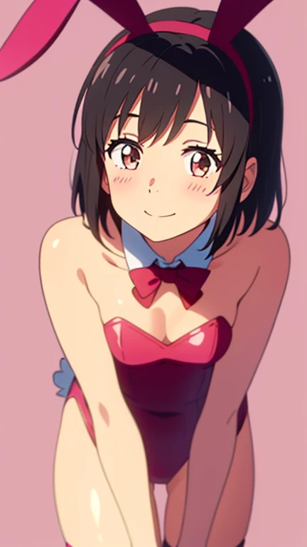 shinkai makoto, Kimi No Na Wa., One girl, bangs, Black Hair, blush, Brown eyes, Glowing Skin, Red headband, Red ribbon, Red Bow, Exposing shoulders, Black knee socks, short hair, smile, Open your mouth, cute, alone, Happy, hair ornaments, Bunny ears, Playboy Bunny, Pink leotard, Detachable collar, Looking at the audience, Pink Background, Simple Background, Upper Body, Leaning forward
