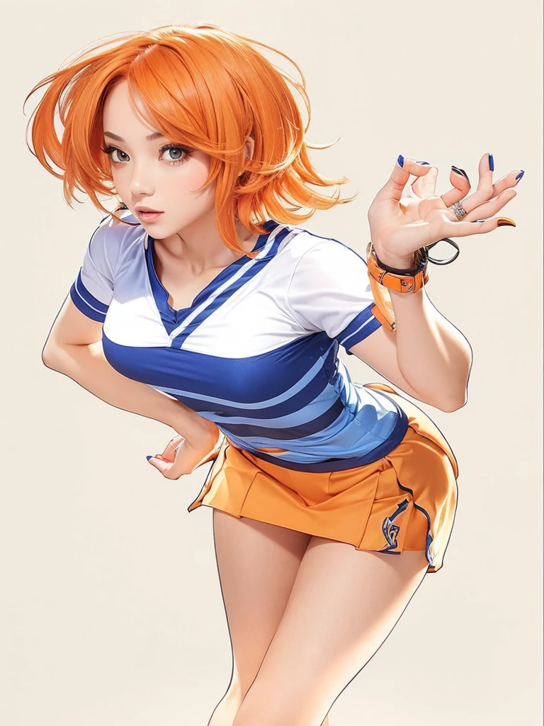 a beautiful girl, very y, with short orange hair, with skirt, with jersey.