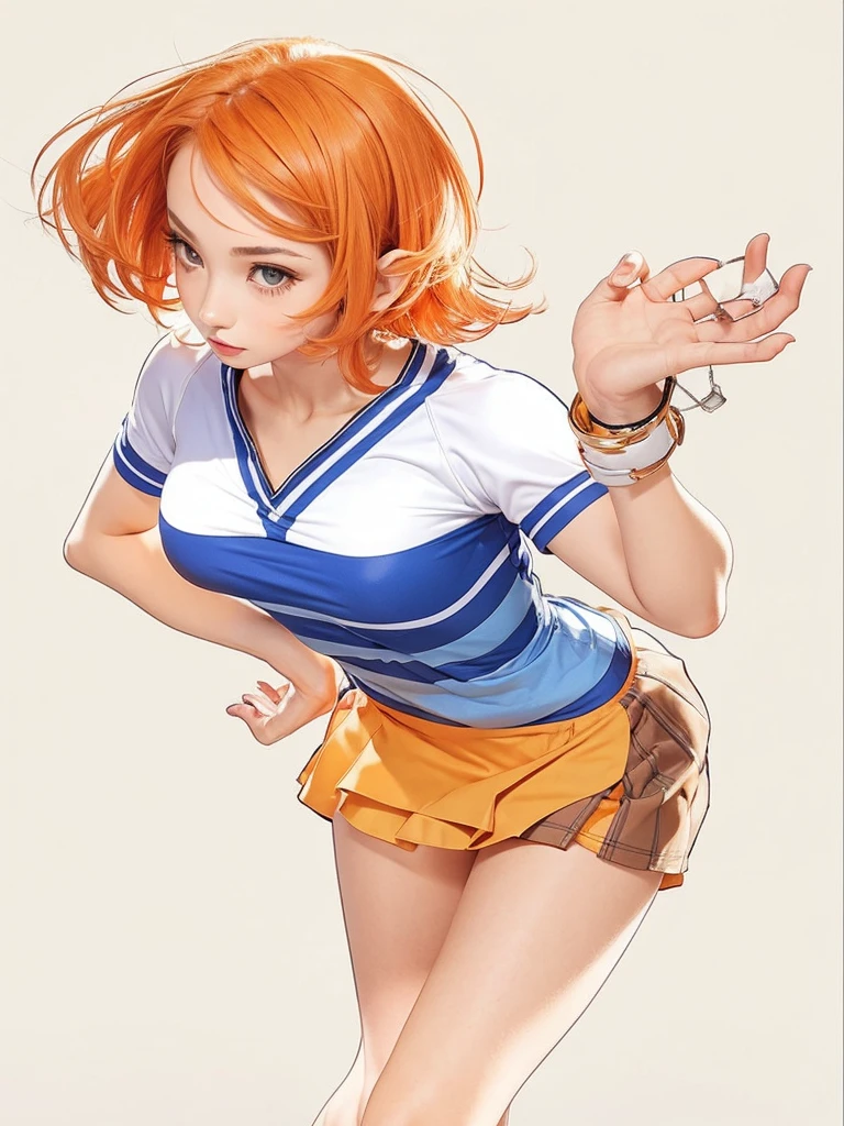 a beautiful girl, very sexy, with short orange hair, with skirt, with jersey.