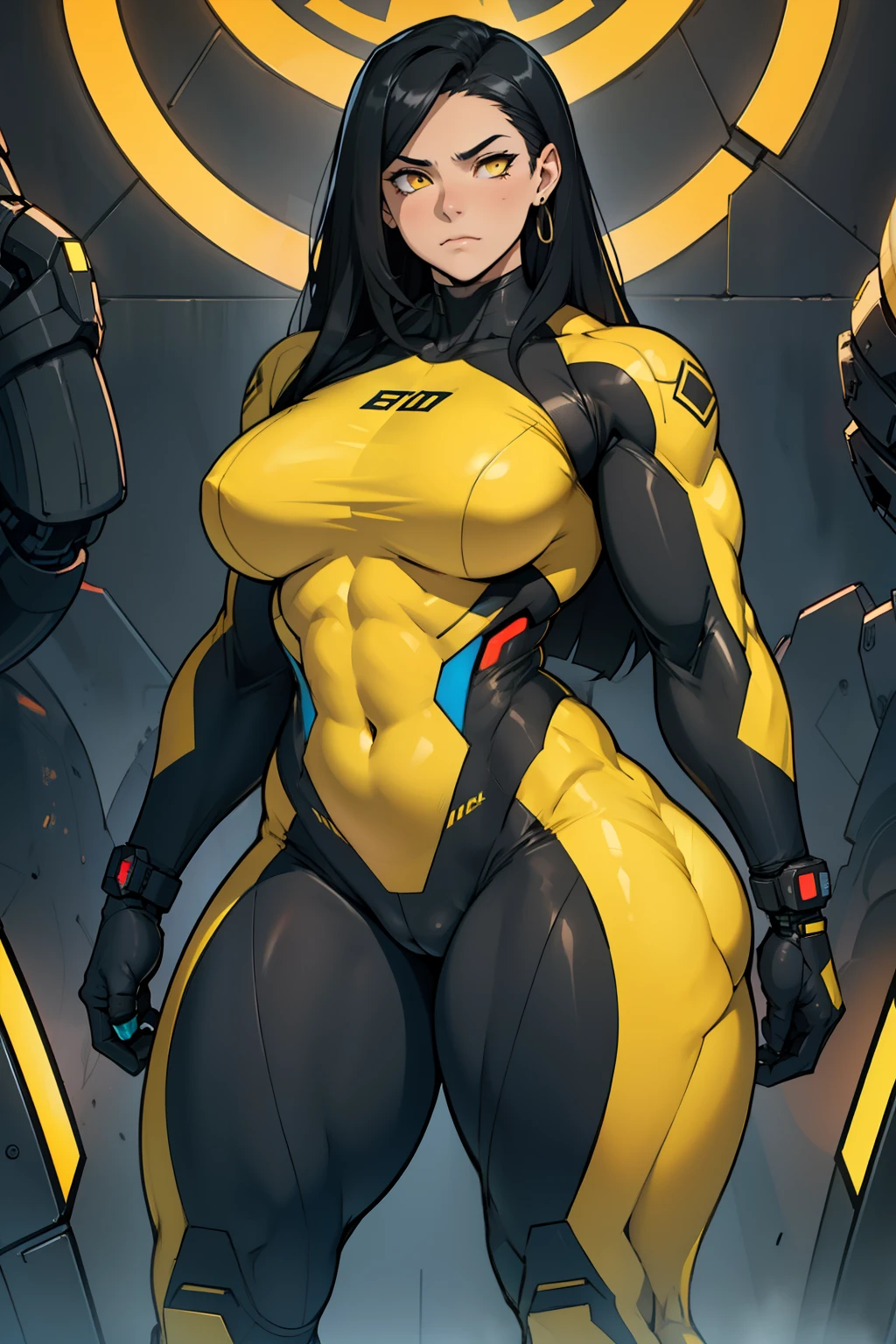 1girl muscular toned body bodybuilder curvy wide hips thick thighs huge black hair yellow eyes very long hair pale skin sad expressionless curvy (cybernetic suit) thick thick thick thick