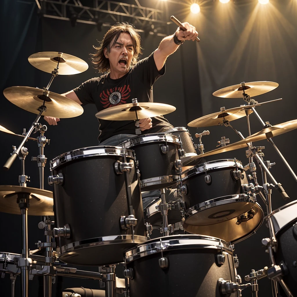 a metal drummer on stage, slightly based on Neil Peart l, shouting straight into the camera, HDR, 8K, ultra-sharp, field of depth, hyperrealism, in motion effect, glimmer splashing from the drums, weirdly tilted angle view, grunge