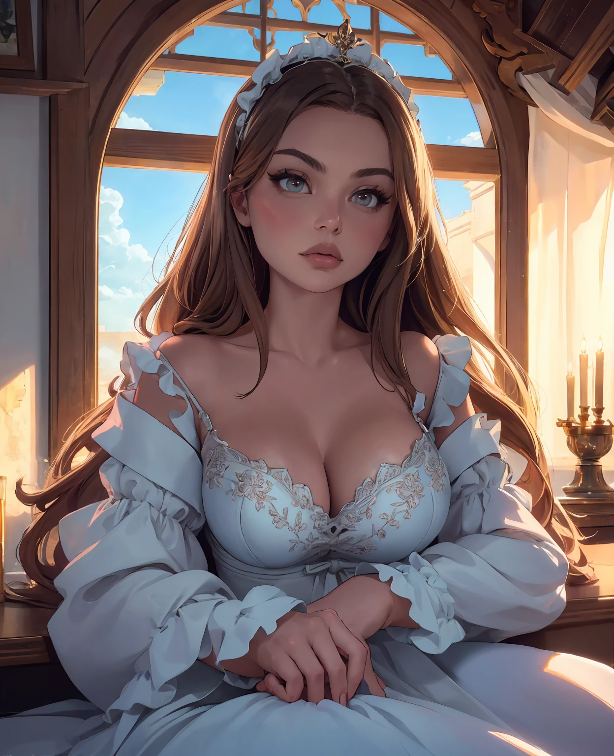 a beautiful young woman, medieval fantasy maid servant, intricate medieval dress, delicate lace and embroidery details, soft warm lighting, elegant pose, dreamy atmospheric background, highly detailed, photorealistic, 8k, masterpiece, (best quality,4k,8k,highres,masterpiece:1.2),ultra-detailed,(realistic,photorealistic,photo-realistic:1.37),HDR,UHD,studio lighting,ultra-fine painting,sharp focus,physically-based rendering,extreme detail description,professional,vivid colors,bokeh,portrait