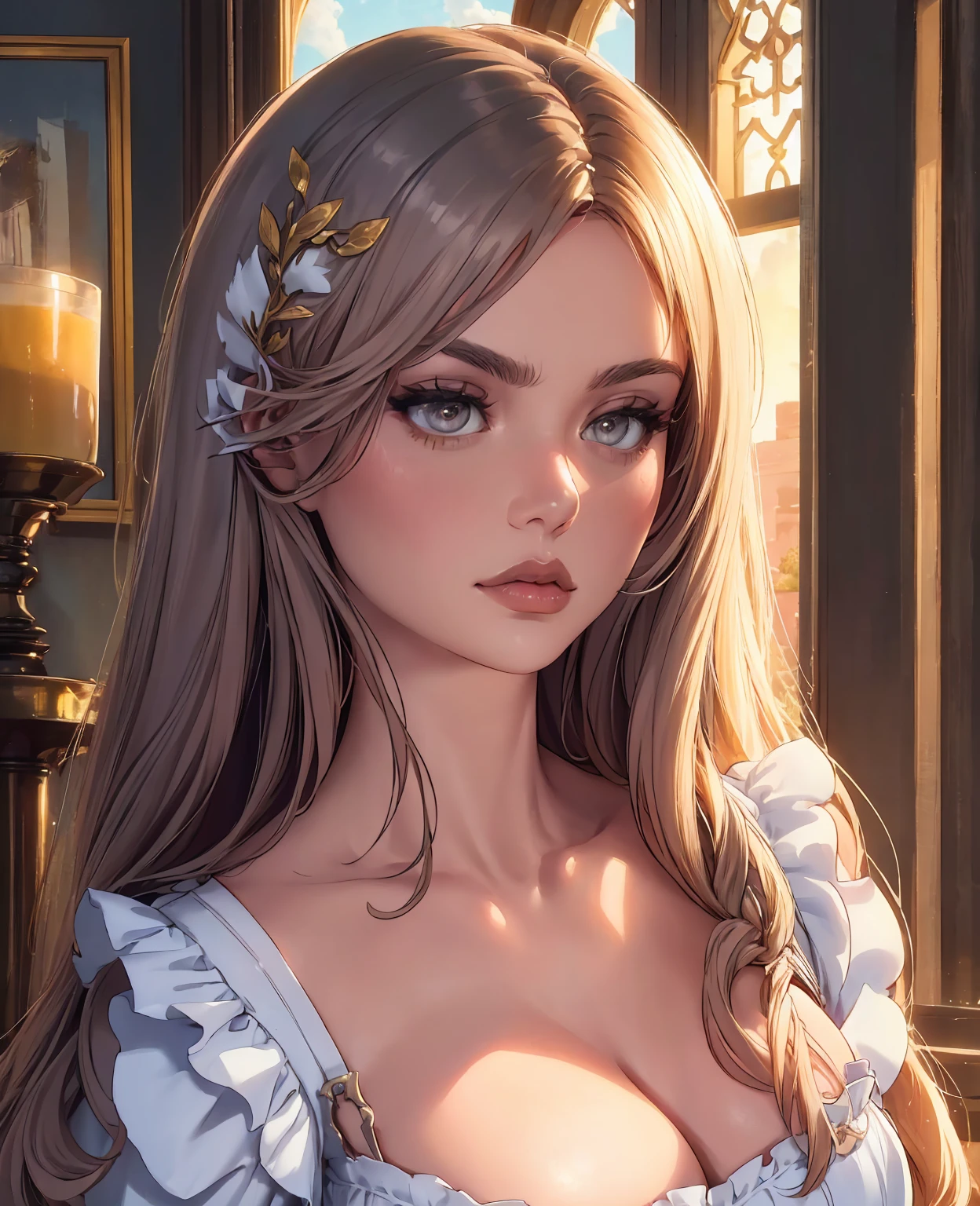 a beautiful young woman, medieval fantasy maid servant, intricate medieval dress, delicate lace and embroidery details, soft warm lighting, elegant pose, dreamy atmospheric background, highly detailed, photorealistic, 8k, masterpiece, (best quality,4k,8k,highres,masterpiece:1.2),ultra-detailed,(realistic,photorealistic,photo-realistic:1.37),HDR,UHD,studio lighting,ultra-fine painting,sharp focus,physically-based rendering,extreme detail description,professional,vivid colors,bokeh,portrait